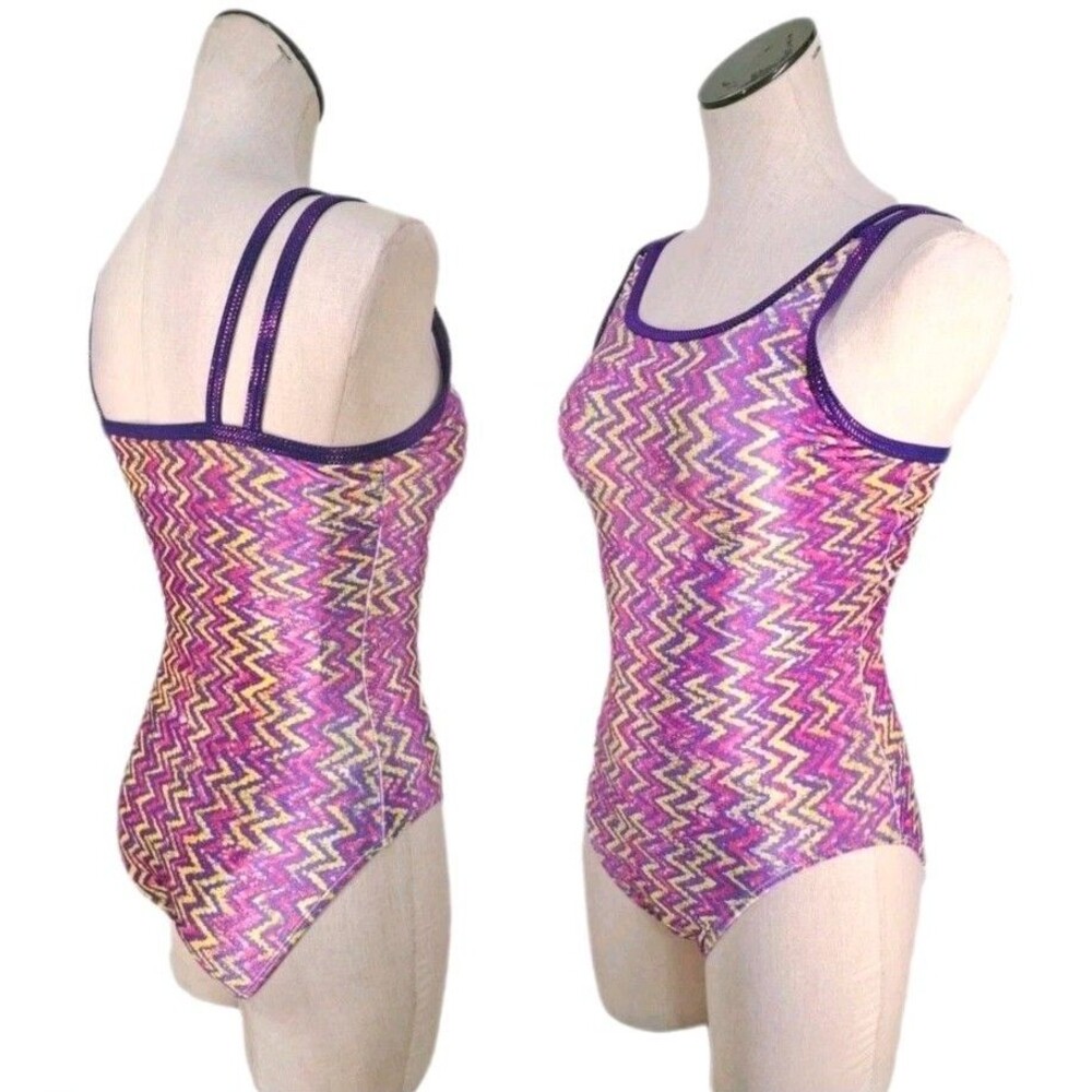 GK Elite VTG 90s Zig Zag Velvet Strappy Leotard Women's Size AL Purple Yellow